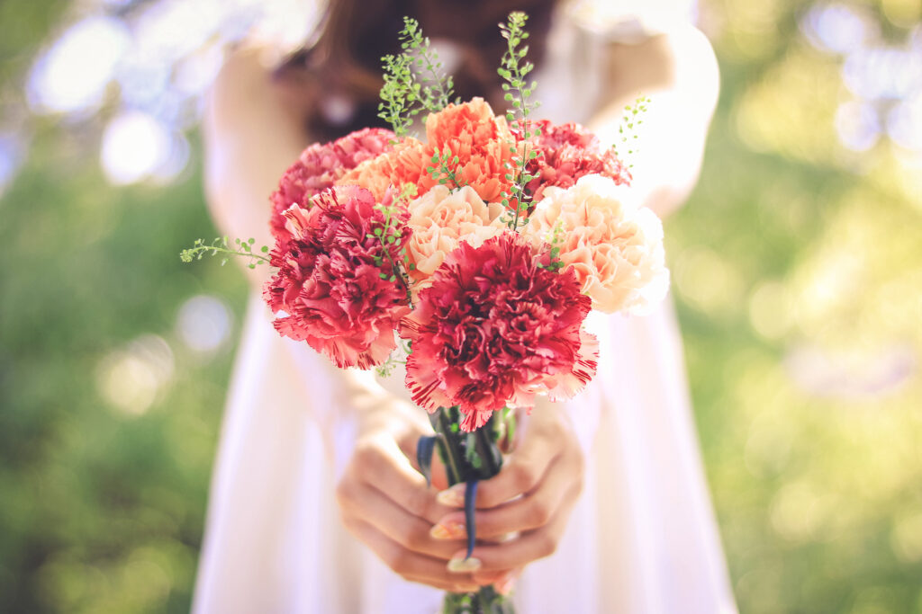 カーネーションの花束を差し出す女の子