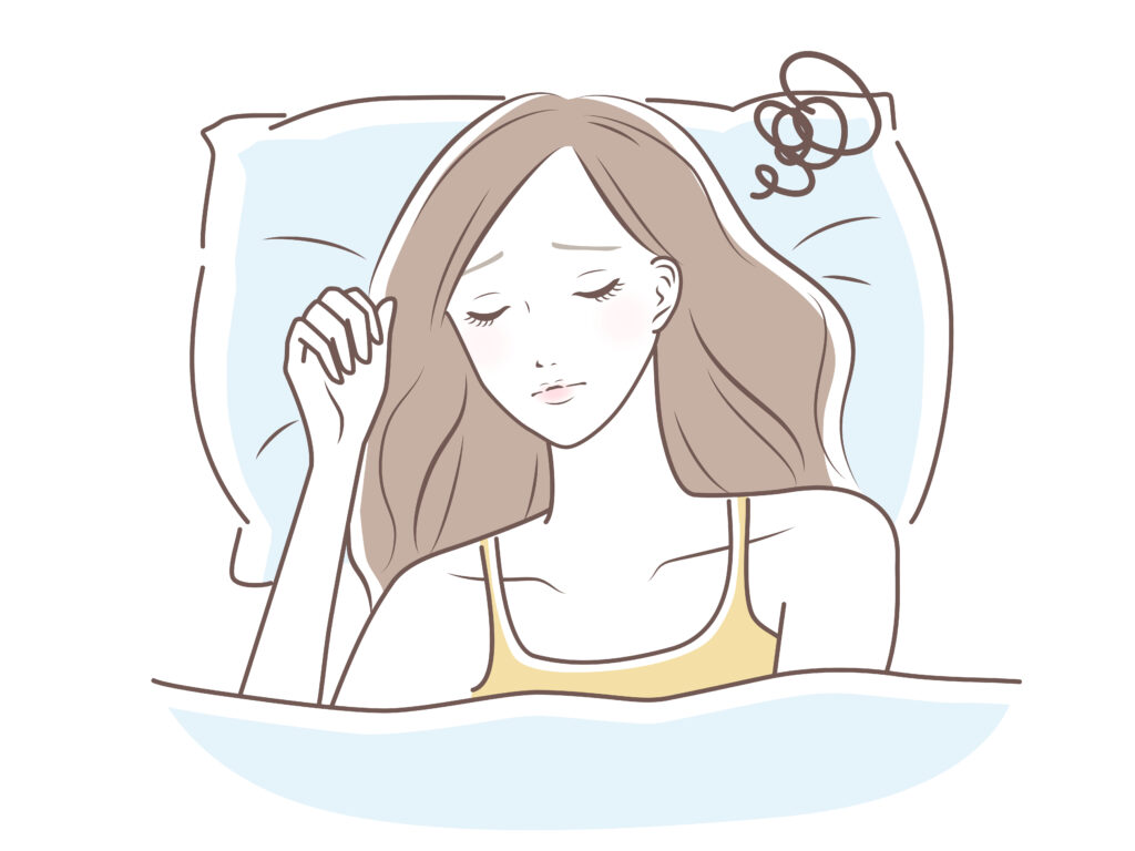 枕を敷いて寝るが、寝心地の悪そうな女性のイラスト