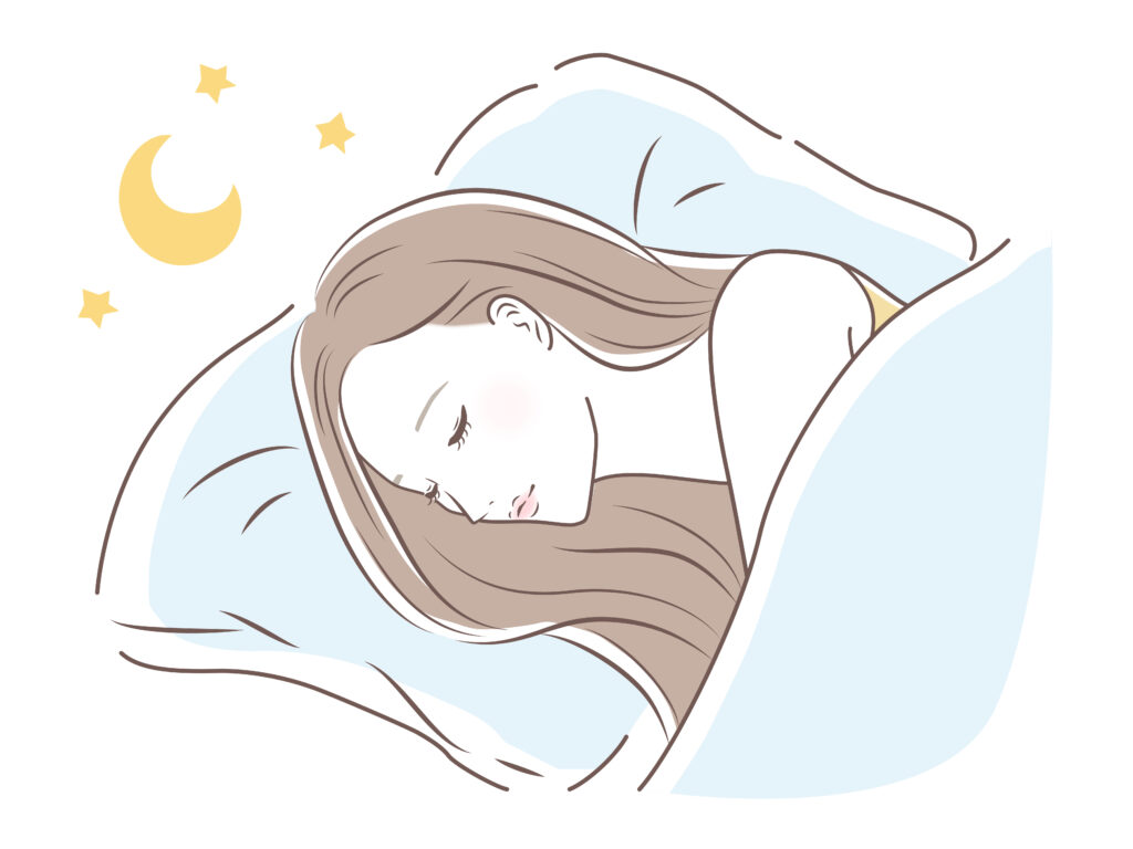 枕を敷いて快適そうに寝る女性のイラスト