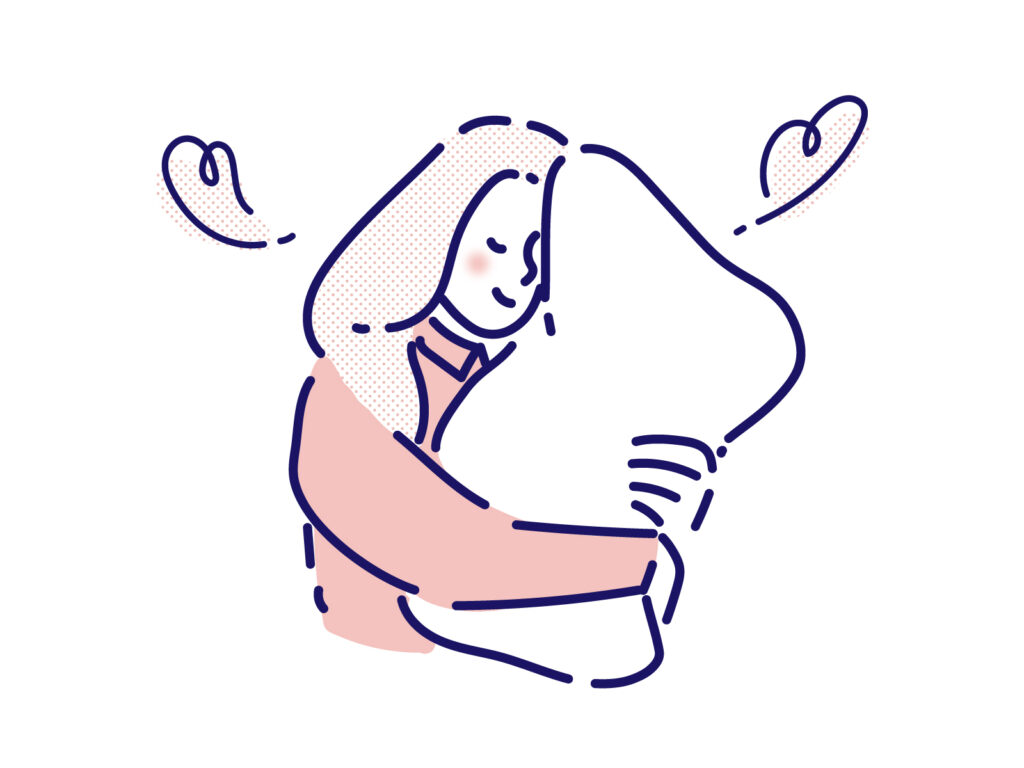 枕を抱きしめる女性のイラスト