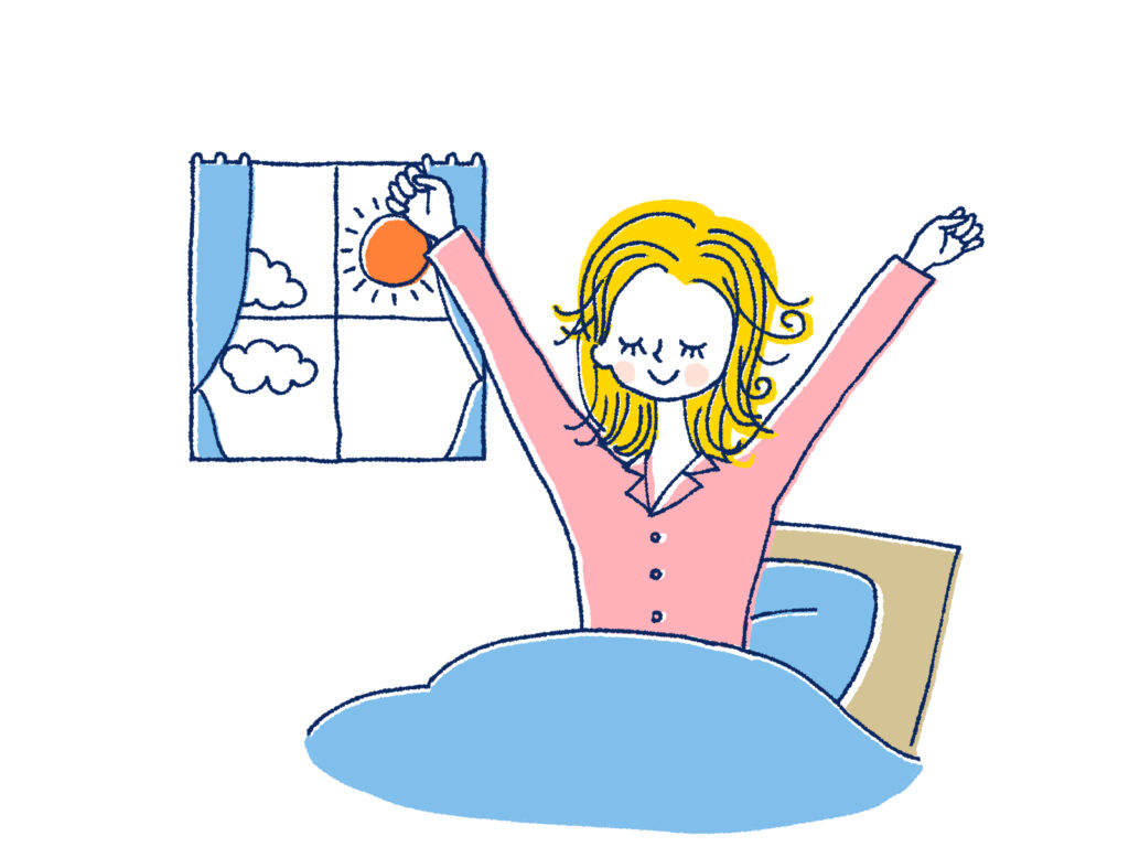 ベッドの上で伸びをし、スッキリと起きる女性のイラスト