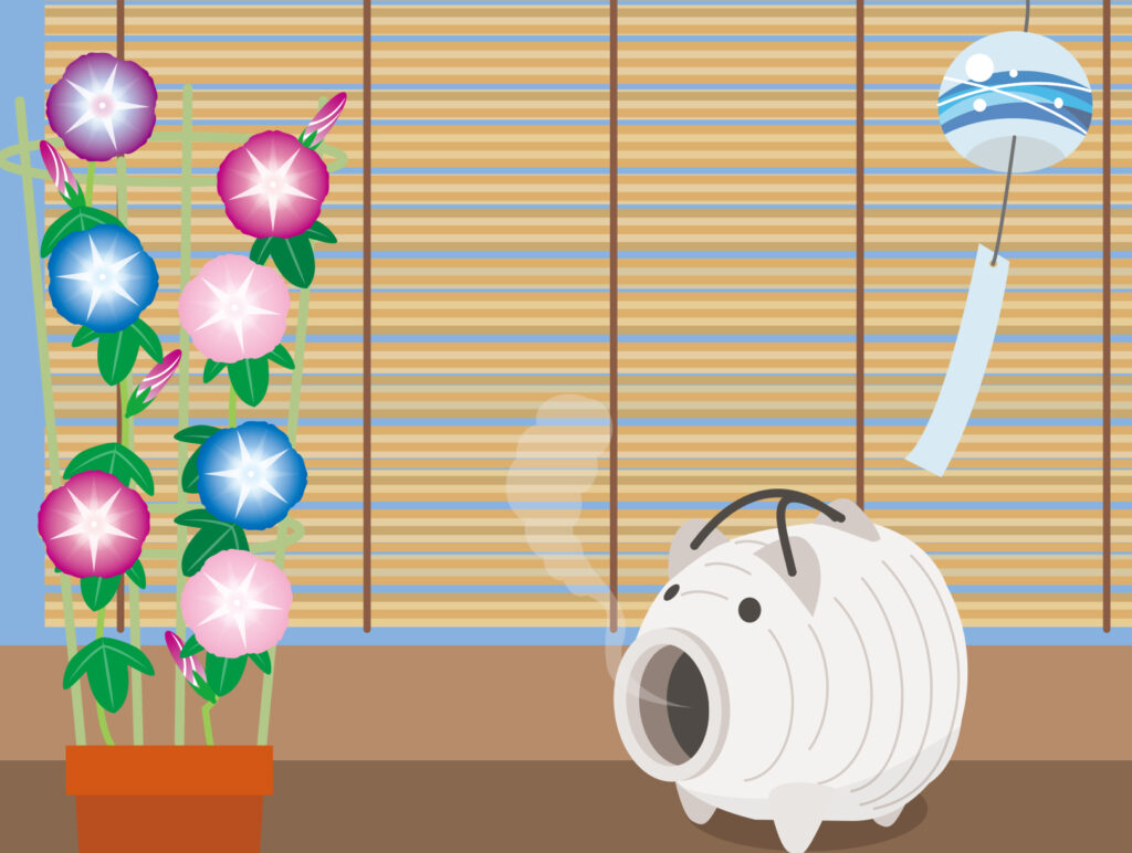 アジサイと蚊取り線香と風鈴