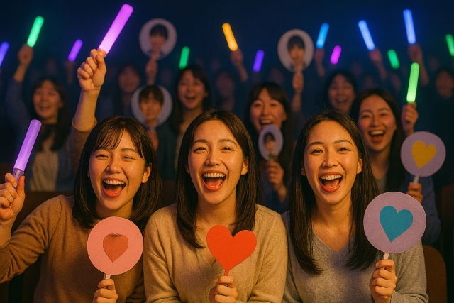 推しアイドルのライブを楽しむうちわを持った女性たち