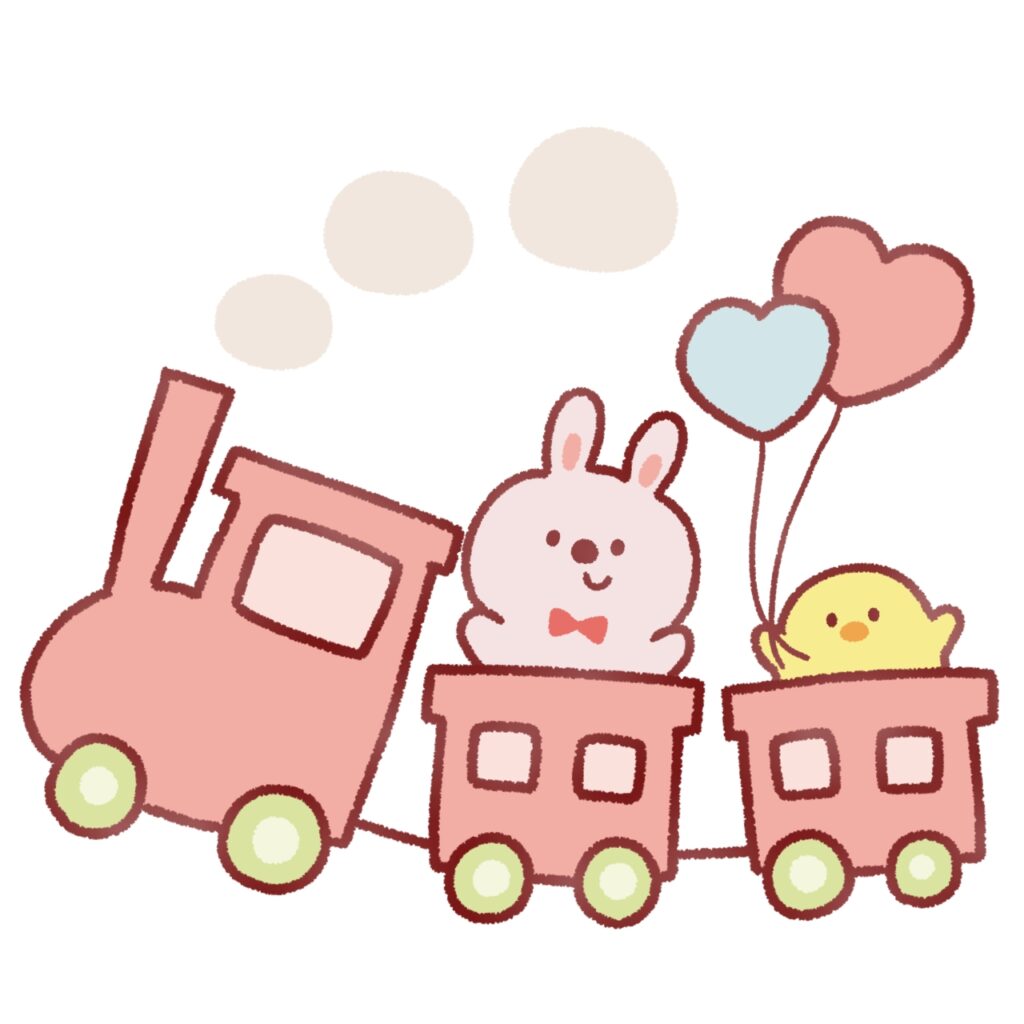 乗り物に乗るうさぎとひよこ