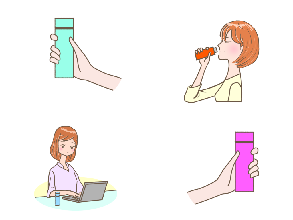 タンブラーを飲んだり、傍で作業したりする女性のイラスト