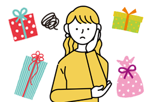 たくさんのプレゼントと困り顔の女性