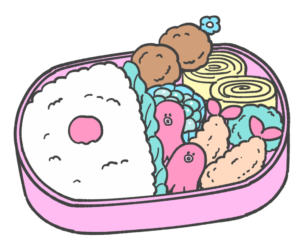 ピンク色の弁当箱に入っているごはんとおかず