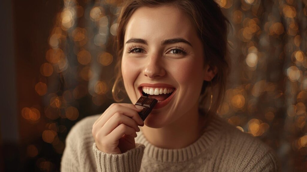 チョコを食べて喜ぶ女性