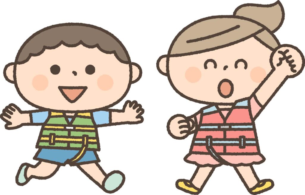 ライフジャケットを着る女の子と男の子