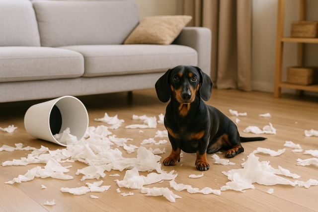 リビングで犬がゴミ箱を倒しゴミが散乱している状態