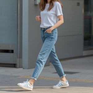 白Tシャツにデニムパンツと白地に水色のラインが入ったスニーカーを履いた女性