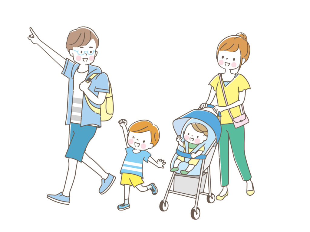 お出かけする家族のイラスト