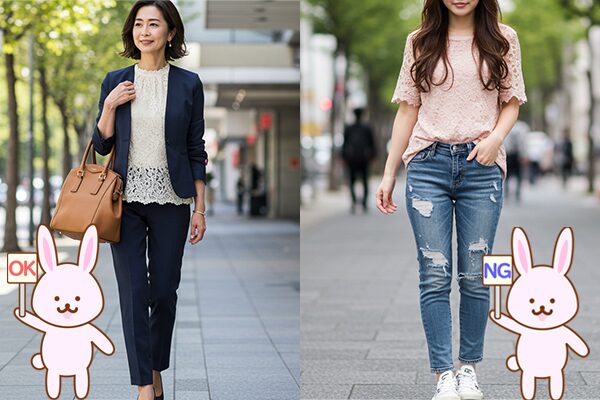 レースブラウスのコーデ、50代女性・20代女性の比較