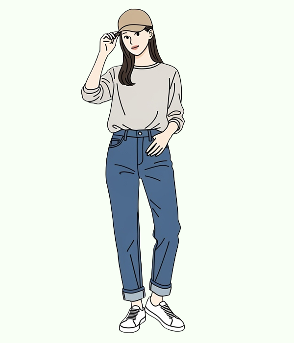 シンプルトップスとデニムでカジュアルコーデの女性