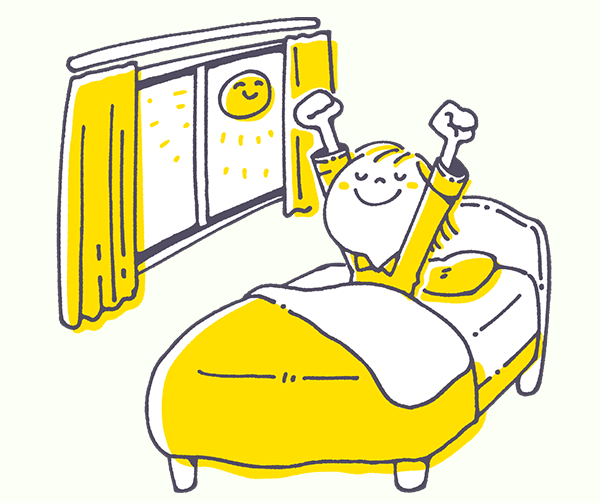 朝日を浴びてすっきり起きられた男性