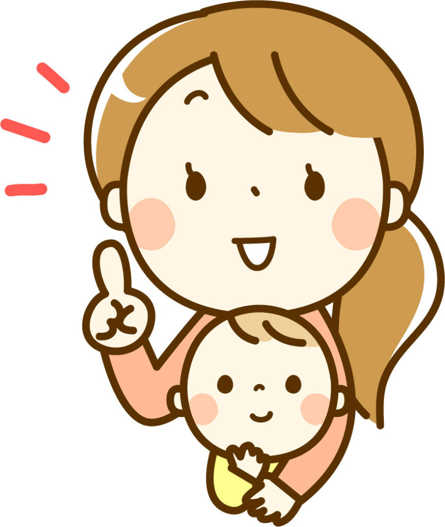 赤ちゃんを抱っこしながらおすすめするママ