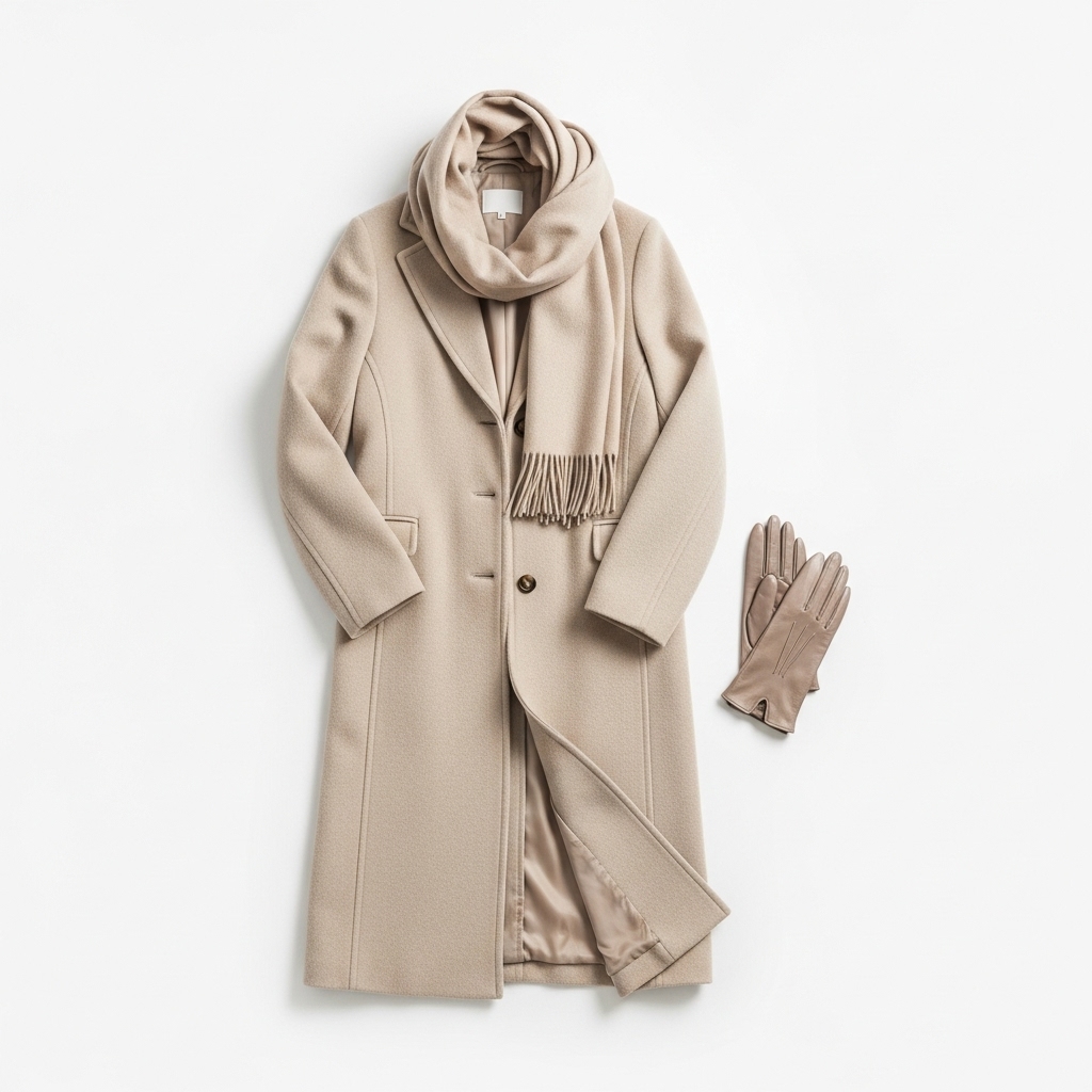 ベージュのコートとマフラーと手袋