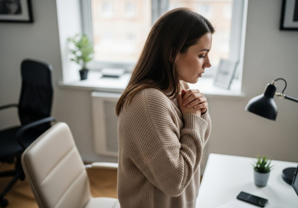 オフィスで寒がる女性
