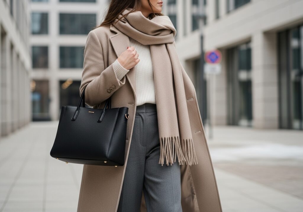 オフィスを歩く冬服の女性