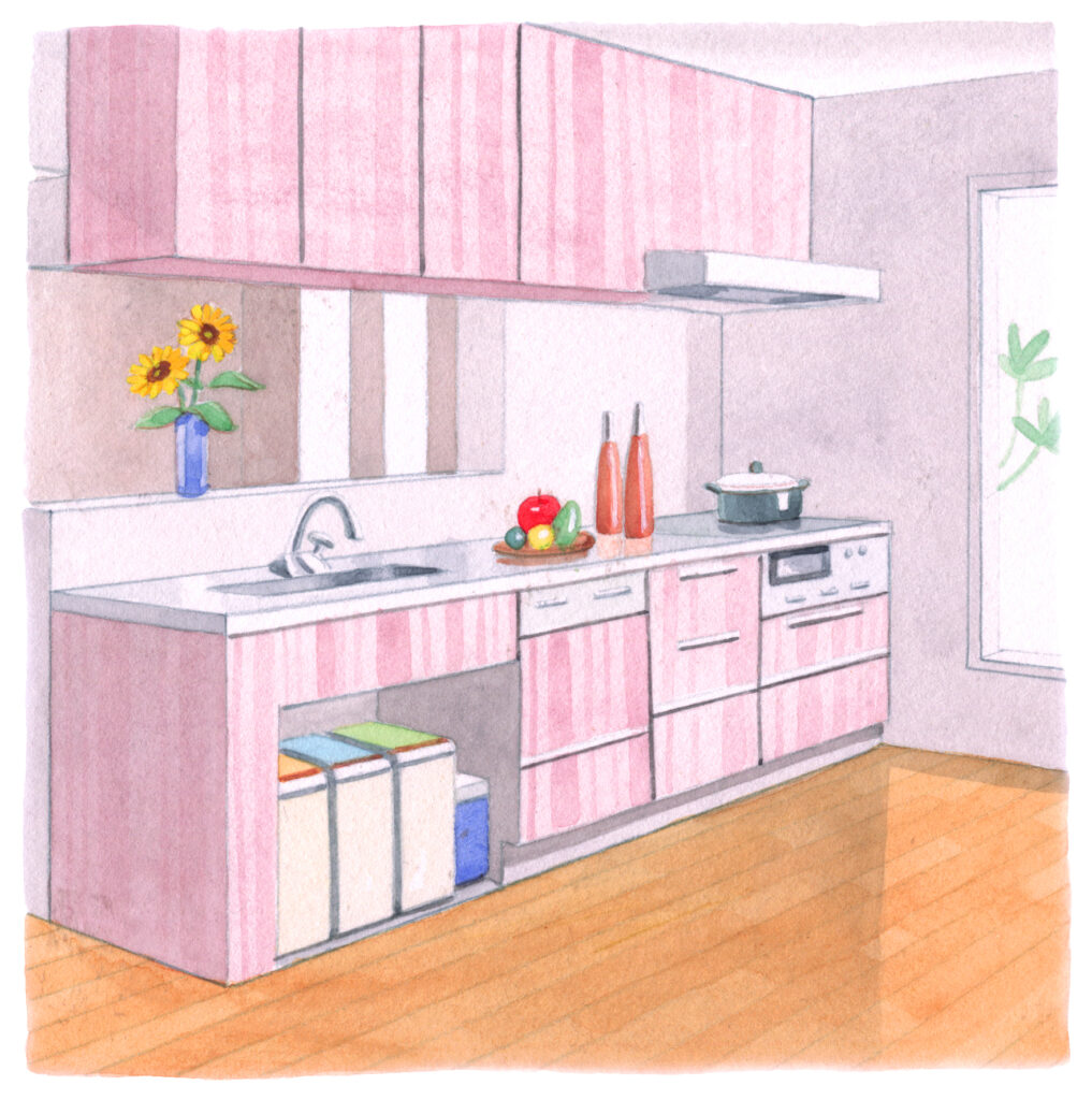 ピンクの可愛らしいキッチン