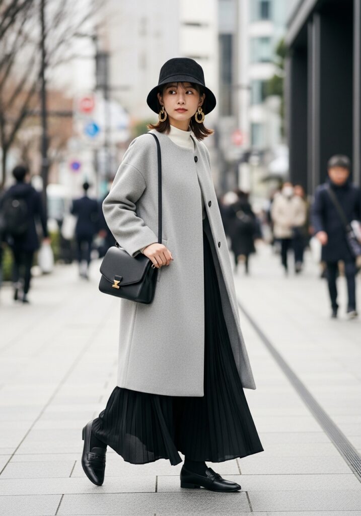 ノーカラーコートコーデ