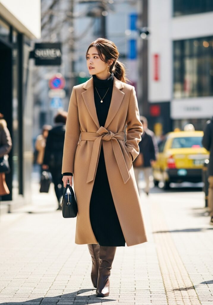 ベルト付きコートコーデ