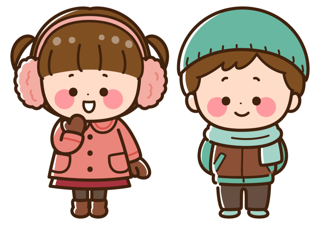 寒さ対策をしている女の子と男の子