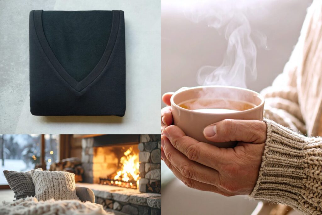 あったかインナーと暖炉のある暖かい部屋と温かそうなマグカップ