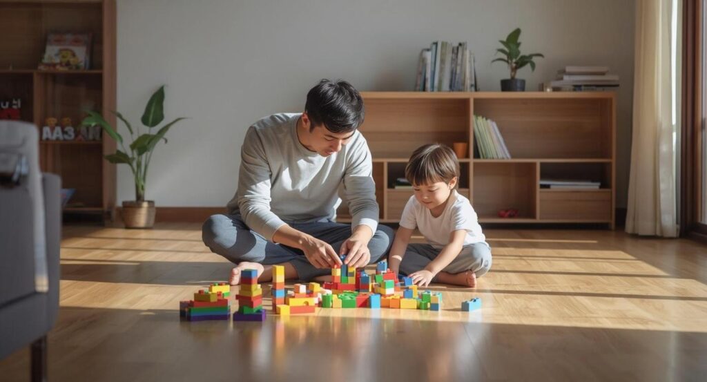 おもちゃで遊ぶパパと男の子