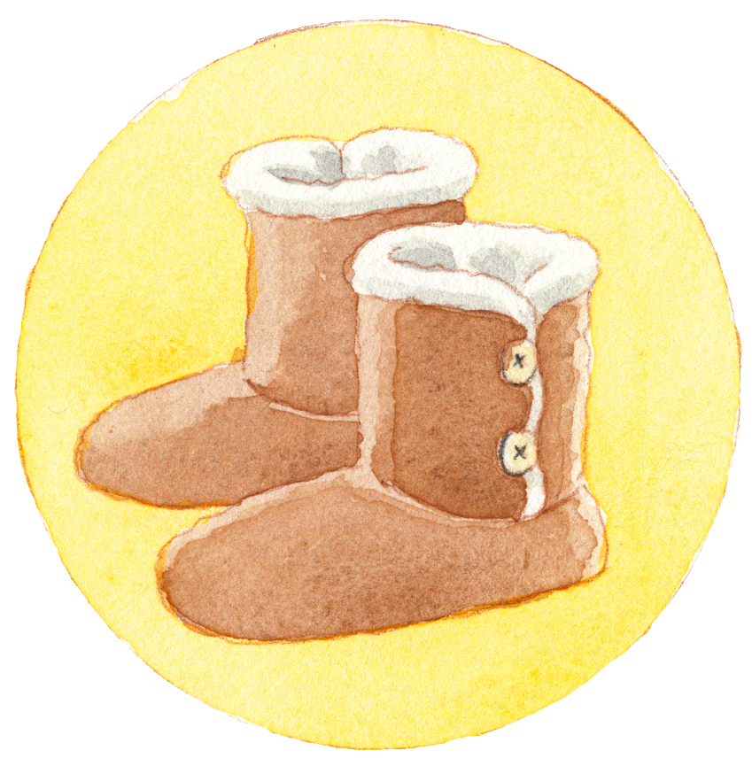 ムートンブーツと黄色い丸