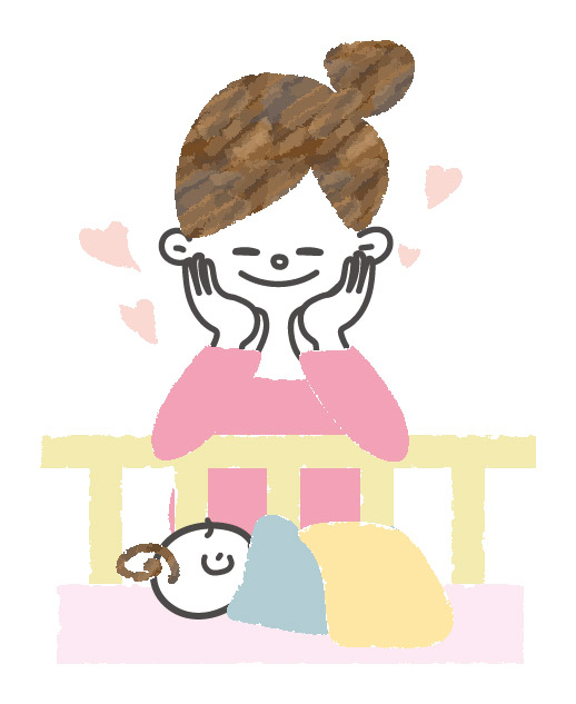 ベビーベッド　眠る赤ちゃん　幸せそうなママ