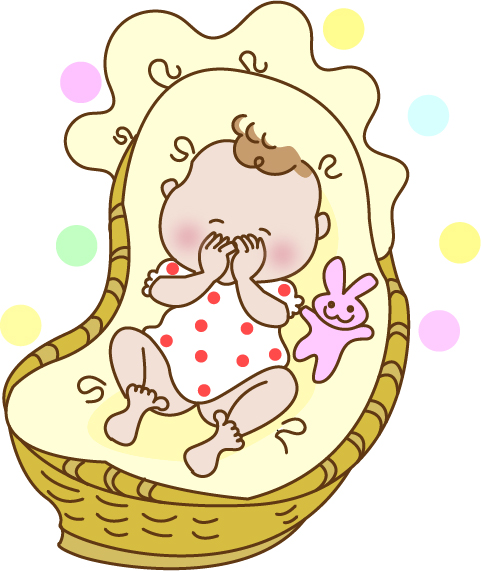 ゆりかごで微笑むあかちゃん　ベビーベッド