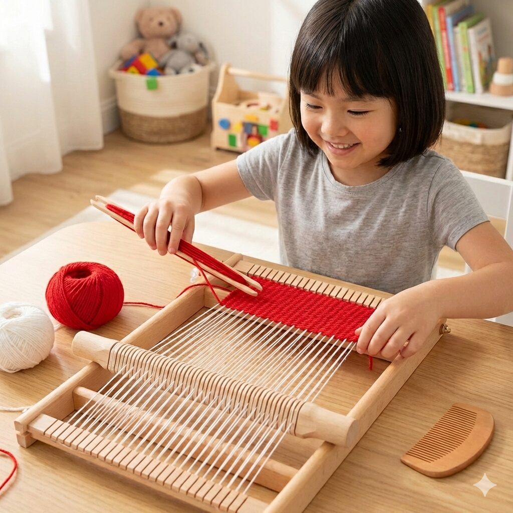 おり機で遊ぶ子供