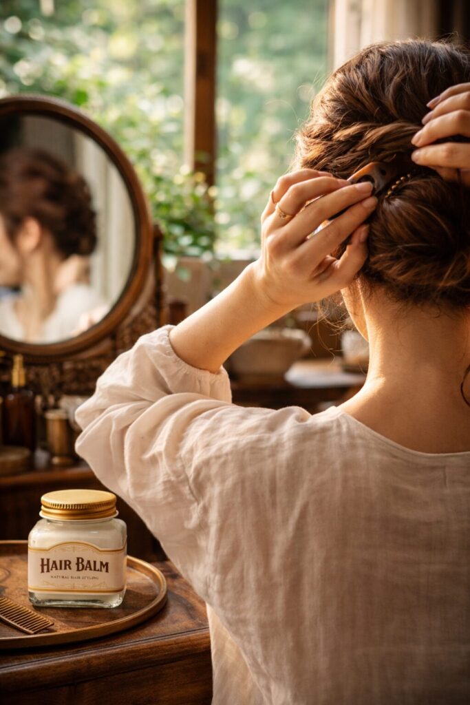 ヘアセットする女性とヘアバーム