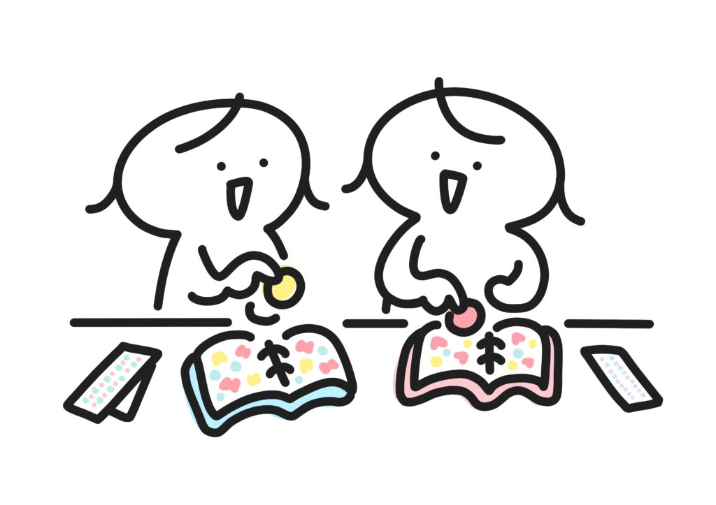 シール交換する女の子二人のイラスト
