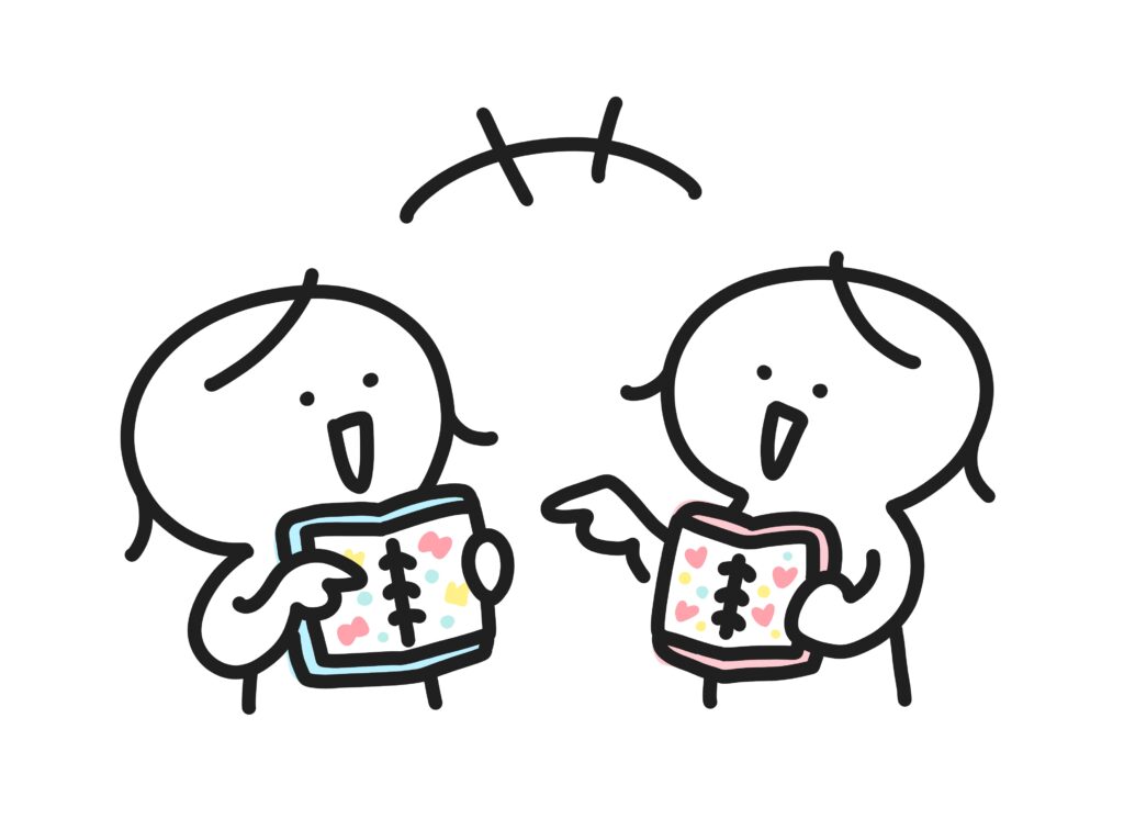 シール帳を見せ合う女の子のイラスト