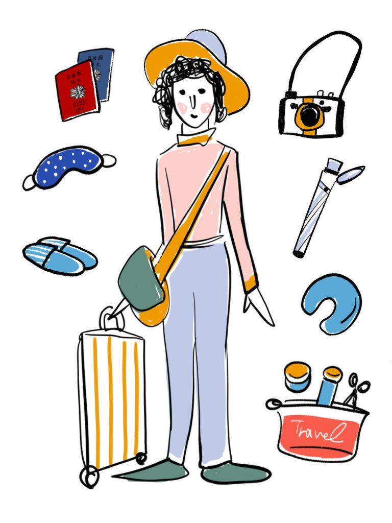 飛行機にネックピローを持ち込む女性