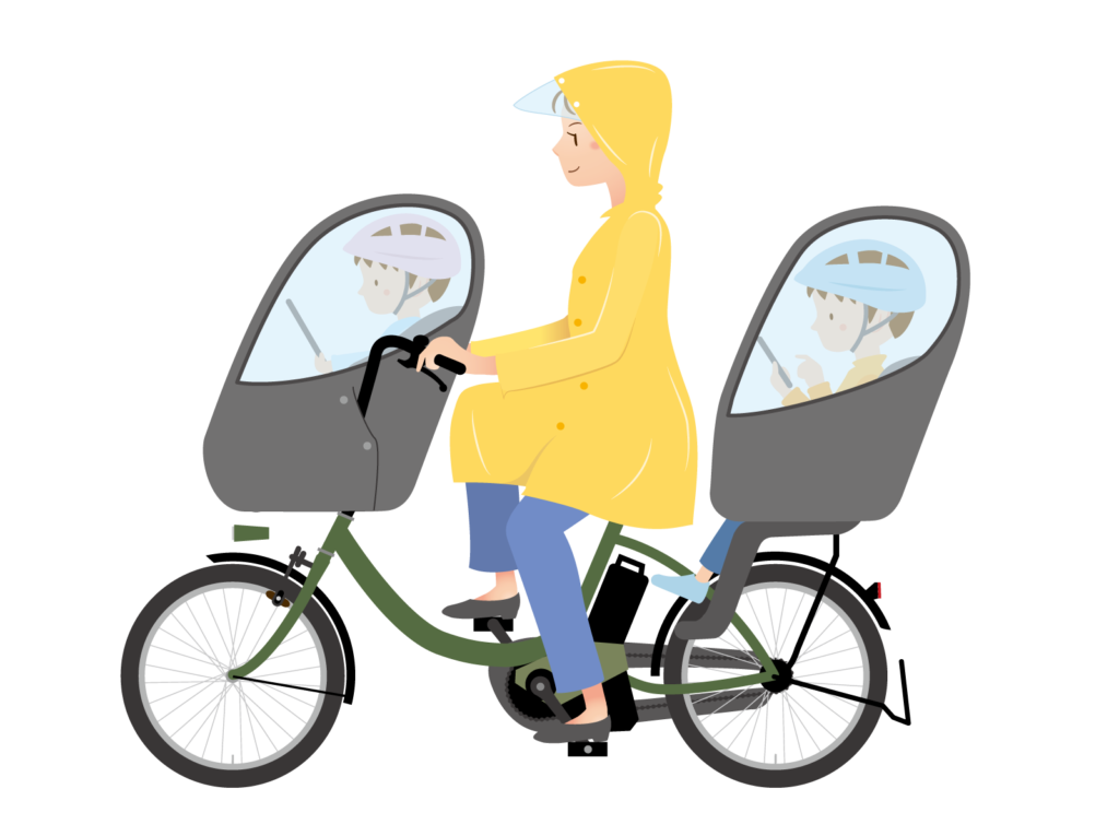 レインコートを着て自転車に乗るママ