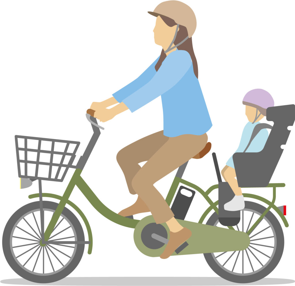 深緑色の電動自転車に乗るママと子ども
