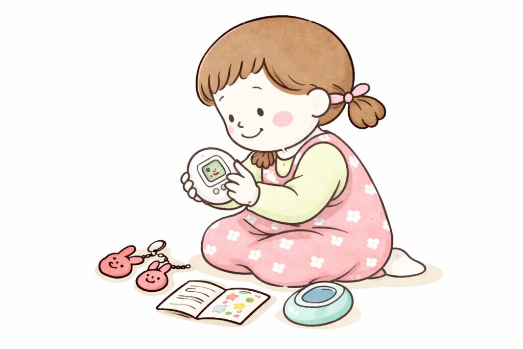 たまごっちで遊ぶ3歳くらいの女の子