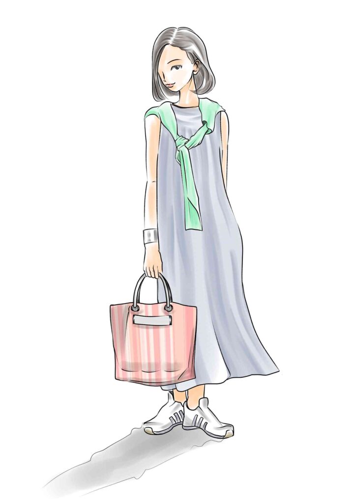 オニツカタイガーのメキシコ66を履いた綺麗めコーデの女性